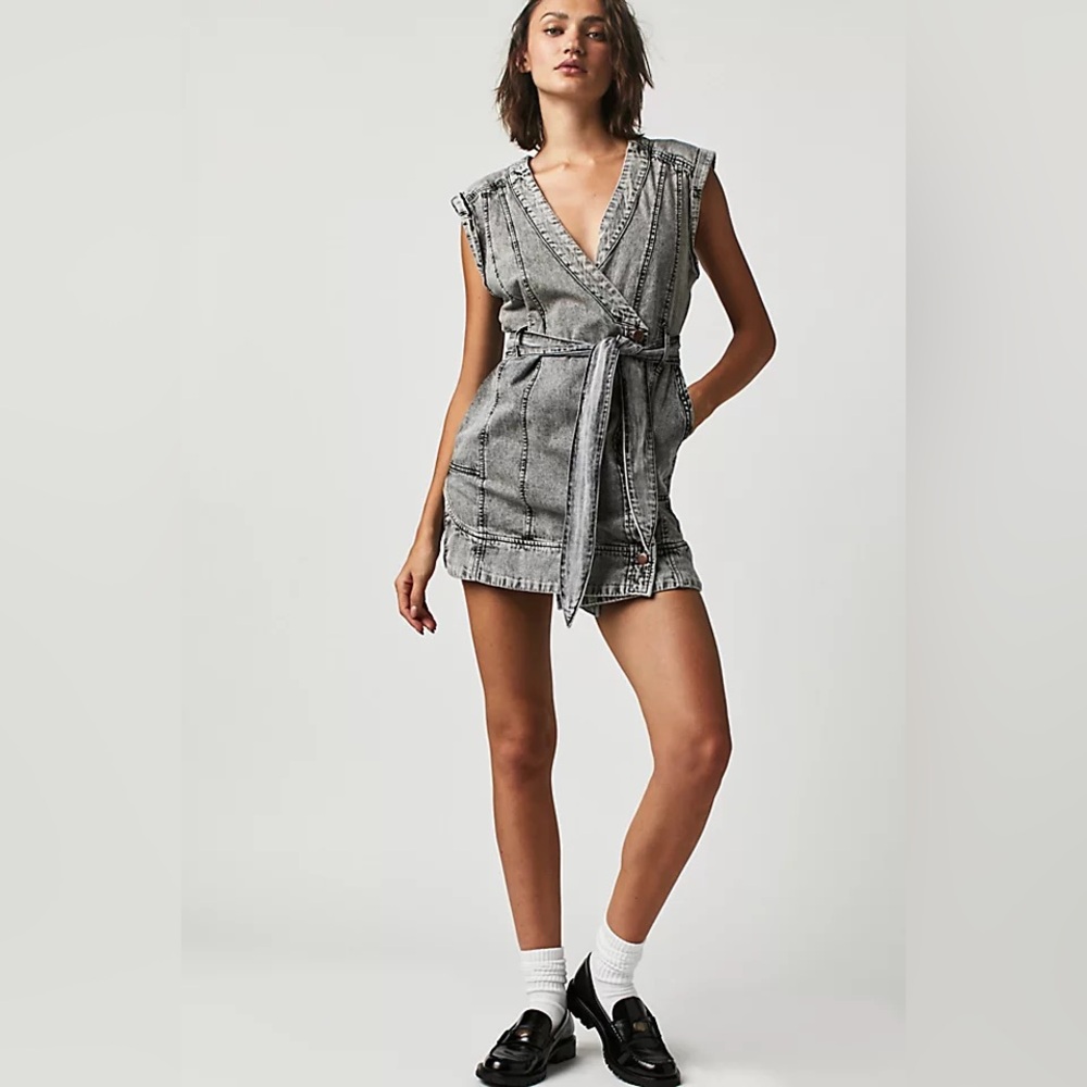 Free People Boundaries Gray Denim Wrap Dress
